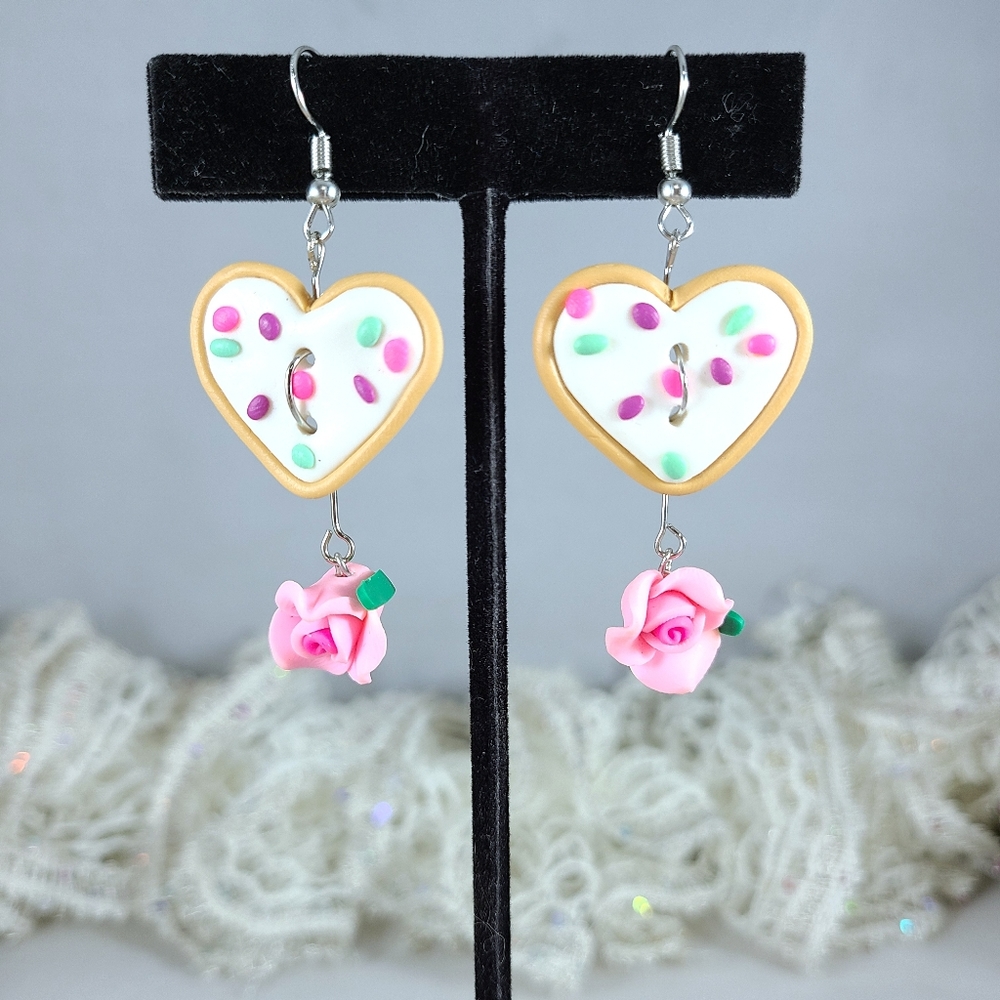 Heart Shaped Cookie Earrings with flower